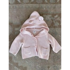 Baby Gap Knit Bear Ears Hooded Light Pink Cardigan Sweater Size 3-6 Months